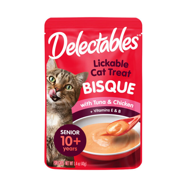 Delectables senior lickable wet cat treat, tuna and chicken bisque, 40g pouch