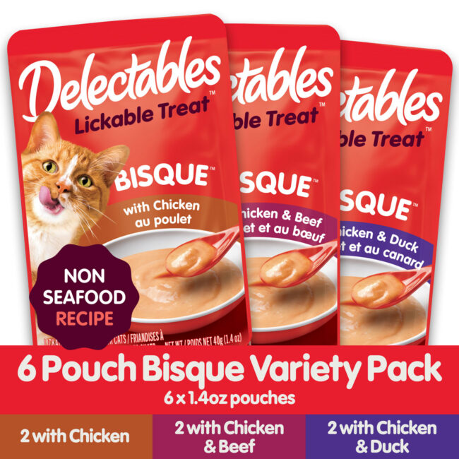 Delectables Lickable Treat. A wet cat treat with real chicken and no seafood in a bisque texture. Hartz SKU# 3270050436