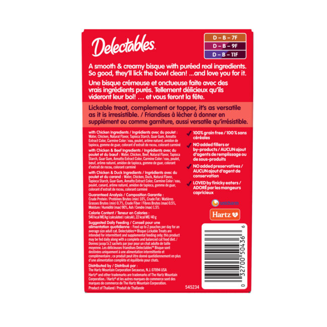 Delectables Lickable Treat. A lickable treat without seafood in a bisque texture. Hartz SKU# 3270050436