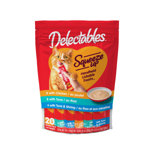 Delectables squeeze up 20 count variety pack. Chicken, Tuna and Tuna & Shrimp lickable cat treats. Hartz SKU# 3270050426