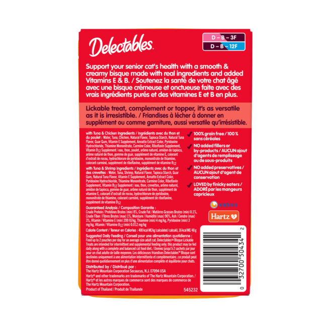 Delectables Lickable Treat. A wet cat treat in a bisque texture. Back of package. Hartz SKU# 3270015490