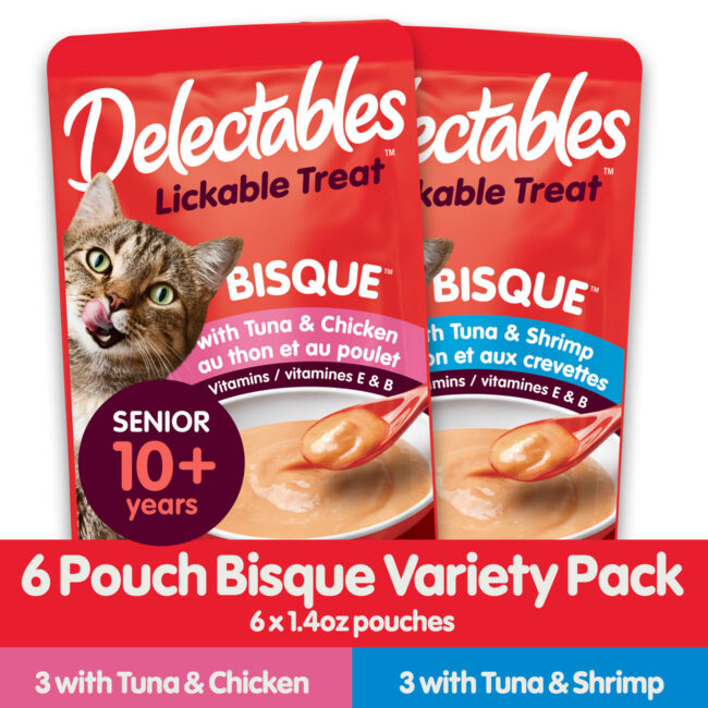 Delectables Lickable wet cat treat. A senior formula 10+ years wet cat treat that your cats will crave. Hartz SKU# 3270050434