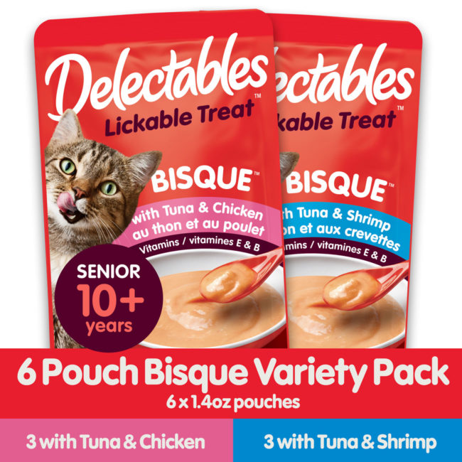 Delectables Lickable wet cat treat. A senior formula 10+ years wet cat treat that your cats will crave. Hartz SKU# 3270050434