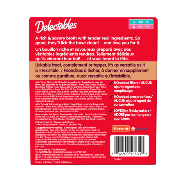 Delectables Lickable Treat. A wet cat treat with real fish in a savory broth texture. Back of package. Hartz SKU# 3270050531