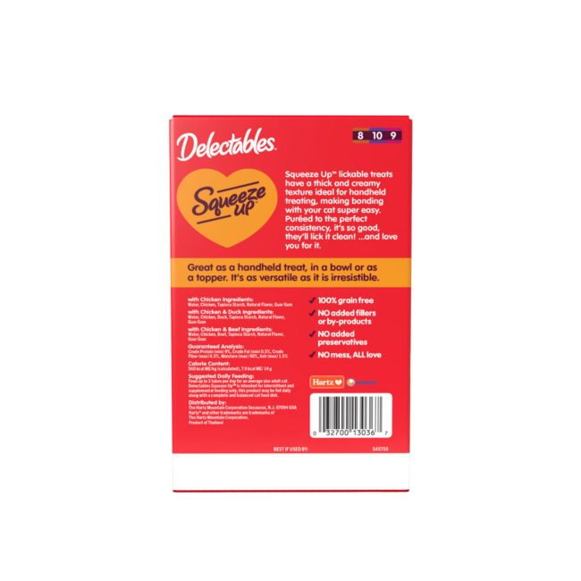 Delectables Squeeze Up wet cat treat. Hartz SKU# 3270013037. Back of package.