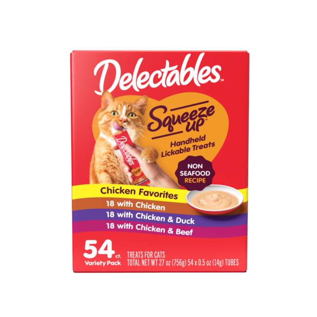 Delectables Squeeze Up wet cat treat. Hartz SKU# 3270013037. Front of package.