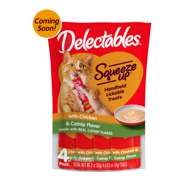 Coming Soon! New! Delectables Squeeze Up catnip and chicken flavored cat treat.