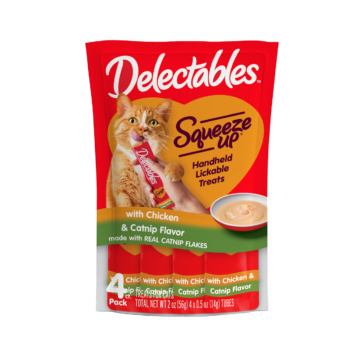 New! Delectables Squeeze Up catnip and chicken flavored cat treat.