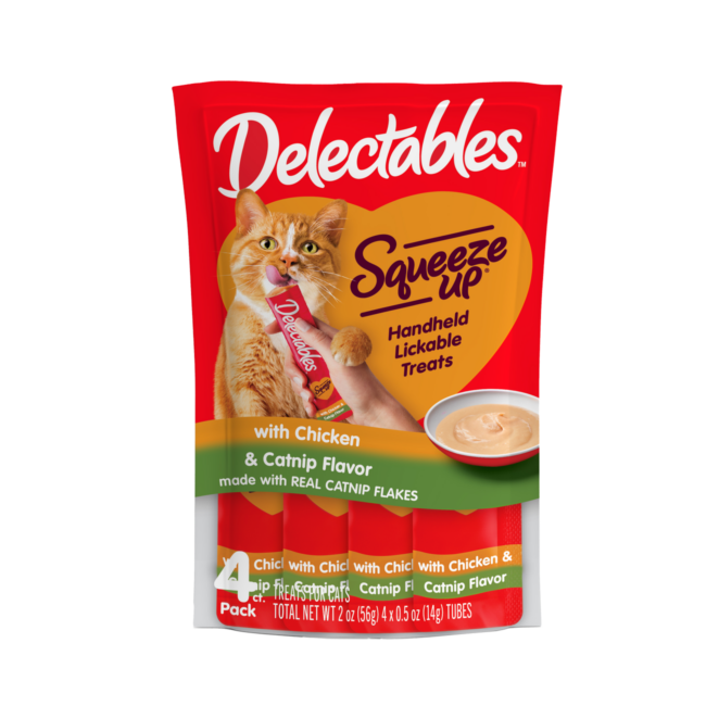 New! Delectables Squeeze Up catnip and chicken flavored cat treat.