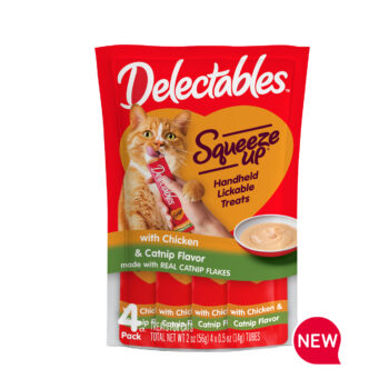 Coming Soon! New! Delectables squeezable catnip cat treats in a chicken and catnip flavor.