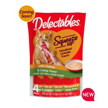 Coming Soon! New! Delectables squeezable catnip cat treats in a chicken and catnip flavor.