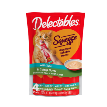 New! Delectables Squeeze Up catnip and tuna flavored cat treat.