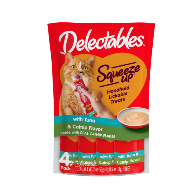 New! Delectables Squeeze Up catnip and tuna flavored cat treat.