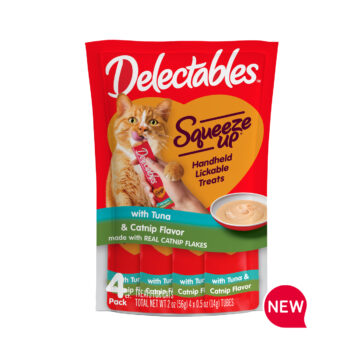 New! Delectables squeezable catnip cat treats in a tuna and catnip flavor.