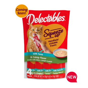 Coming Soon! New! Delectables squeezable catnip cat treats in a tuna and catnip flavor.