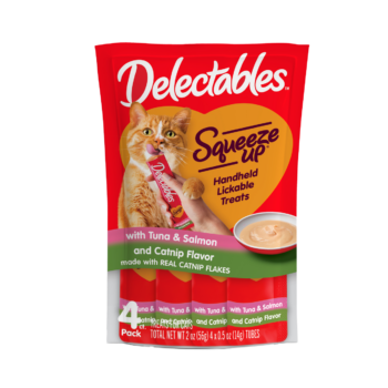 New! Delectables Squeeze Up catnip and tuna & salmon flavored cat treat.