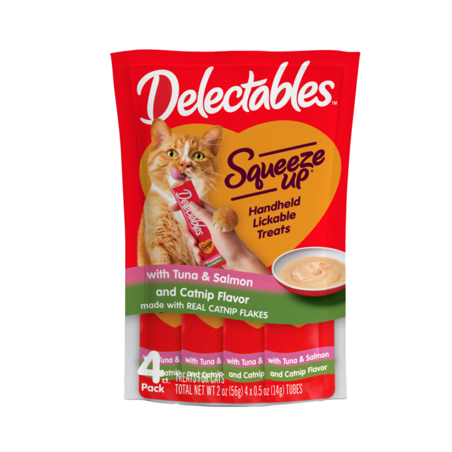 New! Delectables Squeeze Up catnip and tuna & salmon flavored cat treat.