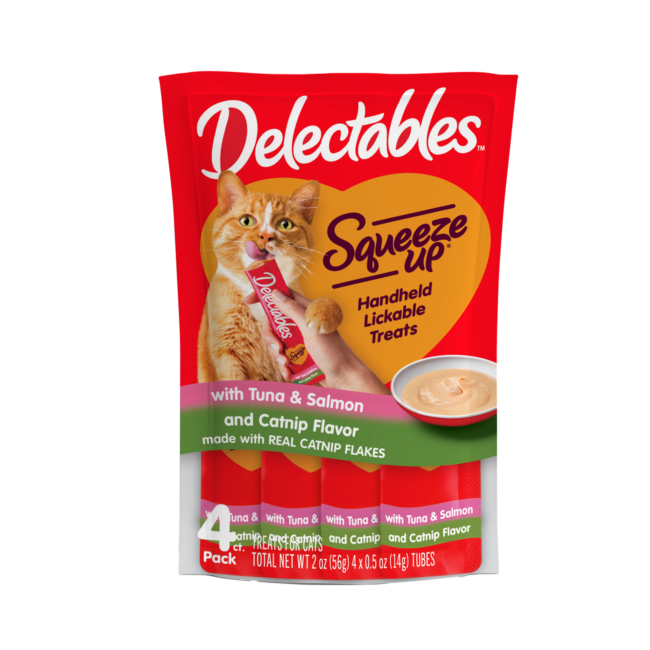 New! Delectables Squeeze Up catnip and tuna & salmon flavored cat treat.