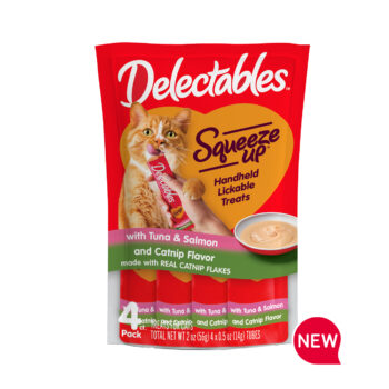 New! Delectables squeezable catnip cat treats in a tuna & salmon and catnip flavor.
