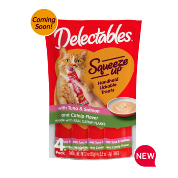 Coming Soon! New! Delectables squeezable catnip cat treats in a tuna & salmon and catnip flavor.