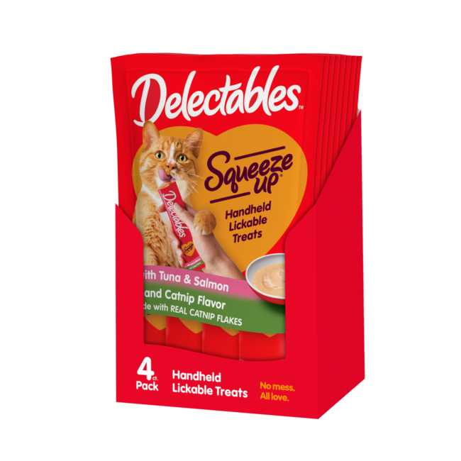 Squeeze up squeezable catnip flavored and tuna & salmon treats.