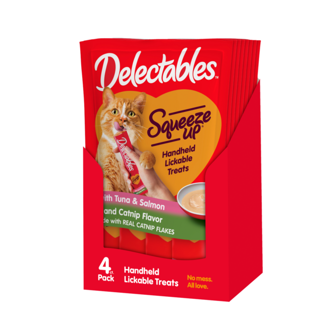 Squeeze up squeezable catnip flavored and tuna & salmon treats.