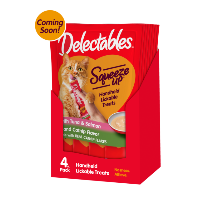 Squeeze up squeezable catnip flavored and tuna & salmon treats.
