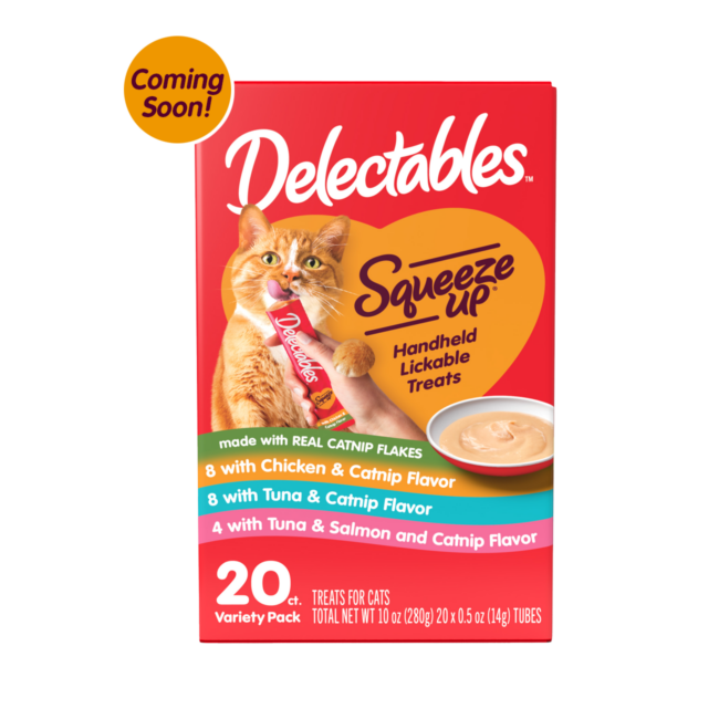Coming Soon! New! Delectables Squeeze Up catnip flavored cat treats. Variety Pack.