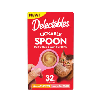 Delectables Lickable Spoon - Variety Pack, 32 Pack - Front of package. Chicken, Tuna, Salmon.