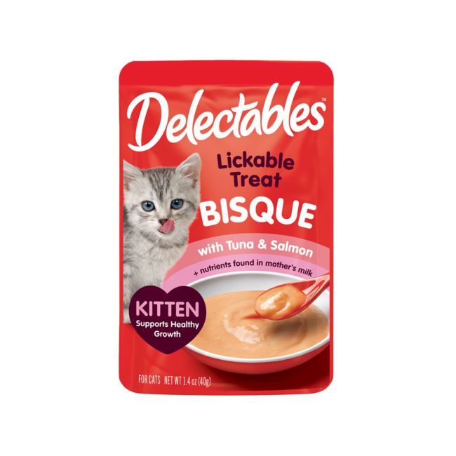 Delectables lickable bisque, tuna and salmon treat for kittens.
