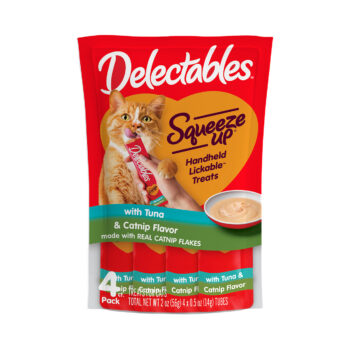 Delectables Squeeze Up lickable cat treats, tuna and catnip, four tubes