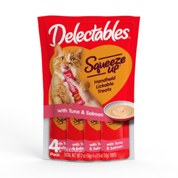 Delectables Squeeze Up lickable cat treats, tuna and salmon, four tubes