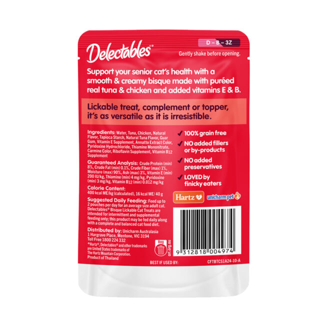 Delectables Lickable Treat with Tuna & Chicken. Back of package.