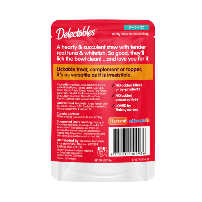 Delectables lickable wet cat treat, tuna and whitefish stew, back of package.
