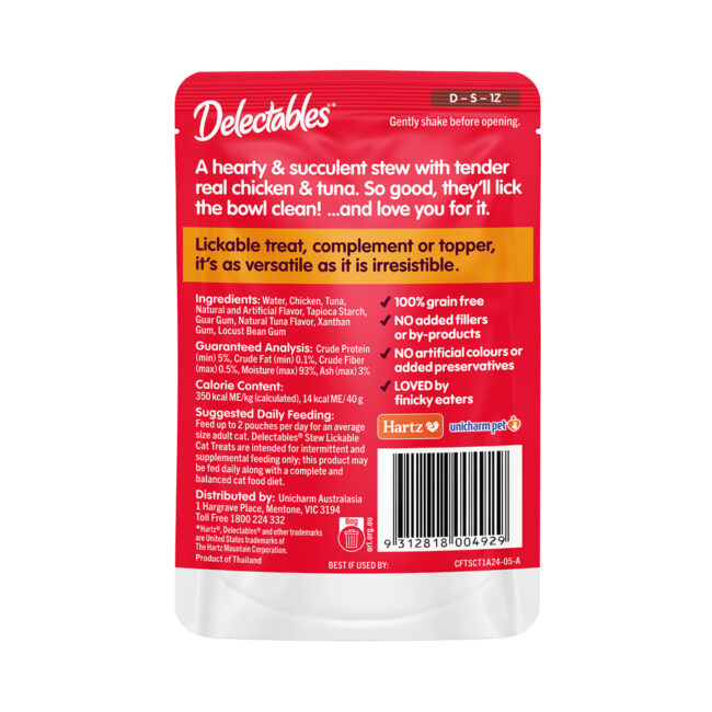 Delectables lickable wet cat treat, chicken and tuna stew, back of package.