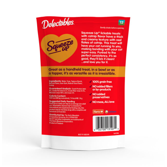 Delectables Squeeze Up lickable cat treats, tuna and catnip, back of package.