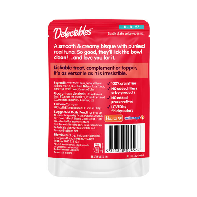 Delectables lickable wet cat treat, smooth tuna bisque, back of package.