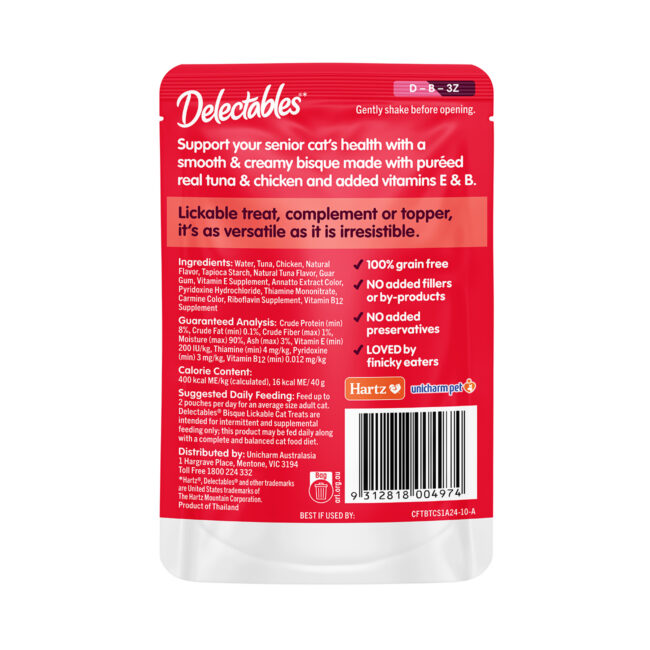Delectables senior lickable wet cat treat, tuna and chicken bisque, back of package.