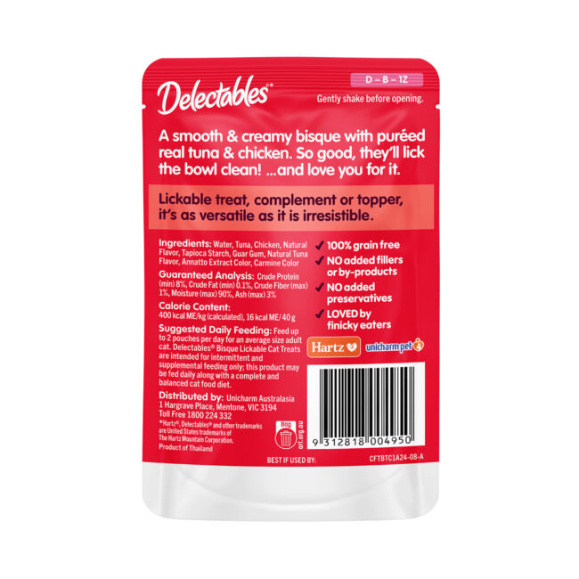 Delectables lickable wet cat treat, smooth tuna and chicken bisque, 40 g pouch, back of package.