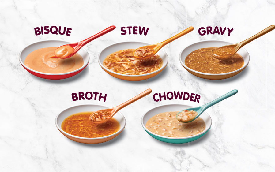 Delectables cat treats come in a variety of textures. Stew, Bisque, Gravy, Savory Broths and Chowder.