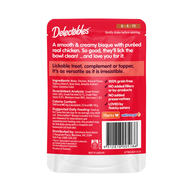 Delectables lickable wet cat treat, smooth chicken bisque, back of package.