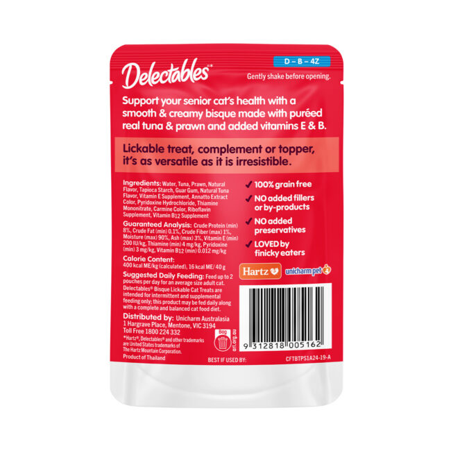 Delectables senior lickable wet cat treat, tuna and prawn bisque, back of package.