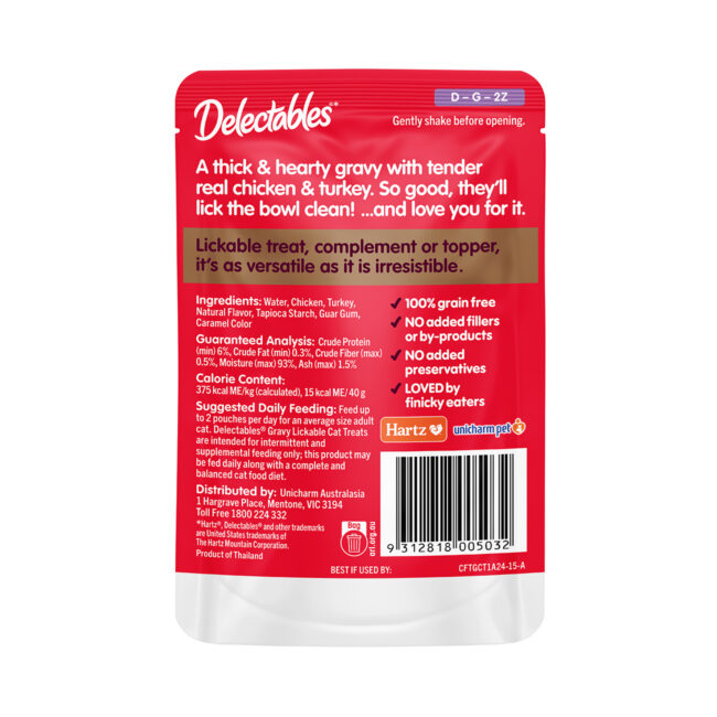 Delectables lickable wet cat treat, chicken and turkey gravy, ingredients