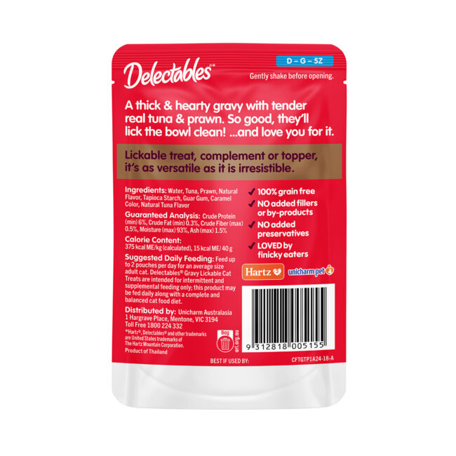 Delectables lickable wet cat treat, tuna and prawn gravy, ingredients