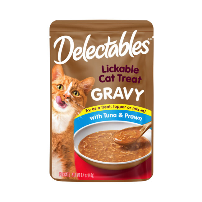 Delectables lickable wet cat treat, tuna and prawn gravy, 40 g pouch