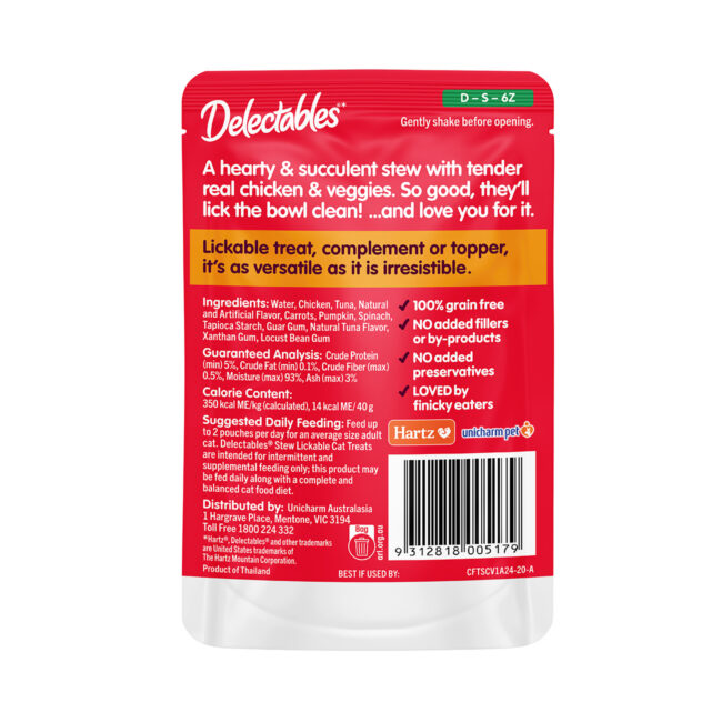Delectables lickable wet cat treat, chicken and vegetable stew, back of package.